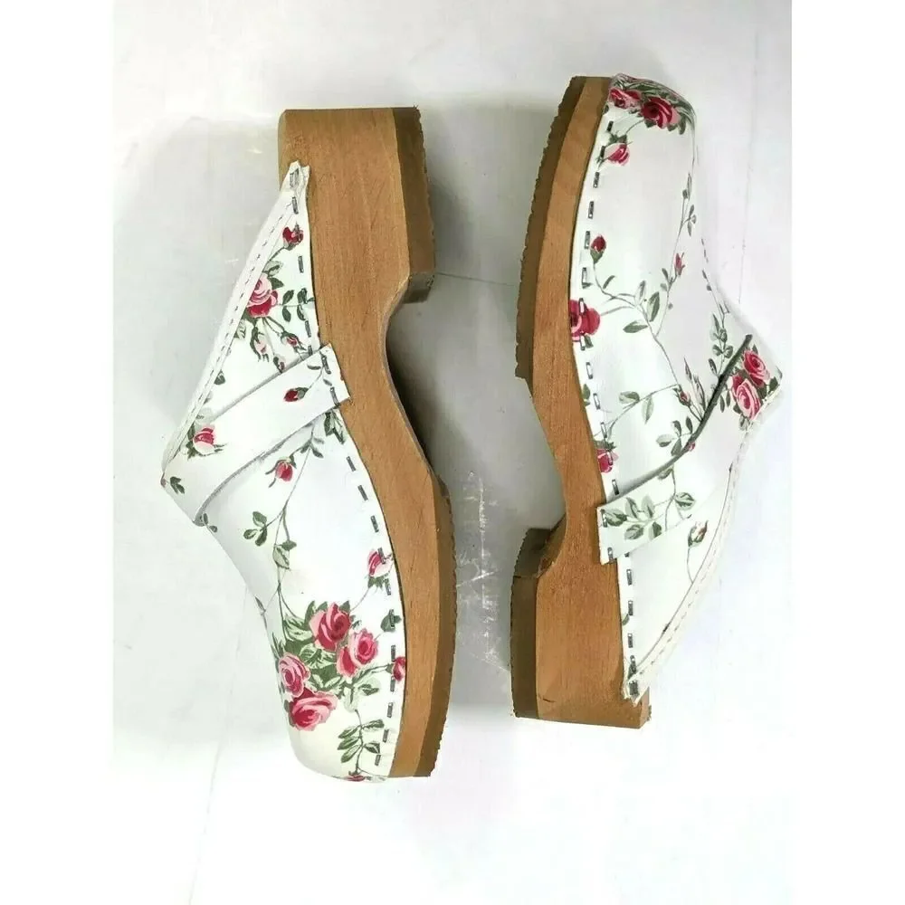 Holland Simson Girls Floral Leather Clogs 2 3 US Size 32 EU Fleuriste Pink White